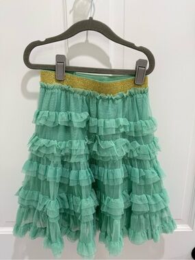 Mini Boden Mint Green Tiered Ruffle Skirt with Gold Waistband